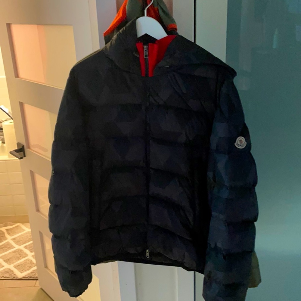 Moncler grey camo with red accent down jacket